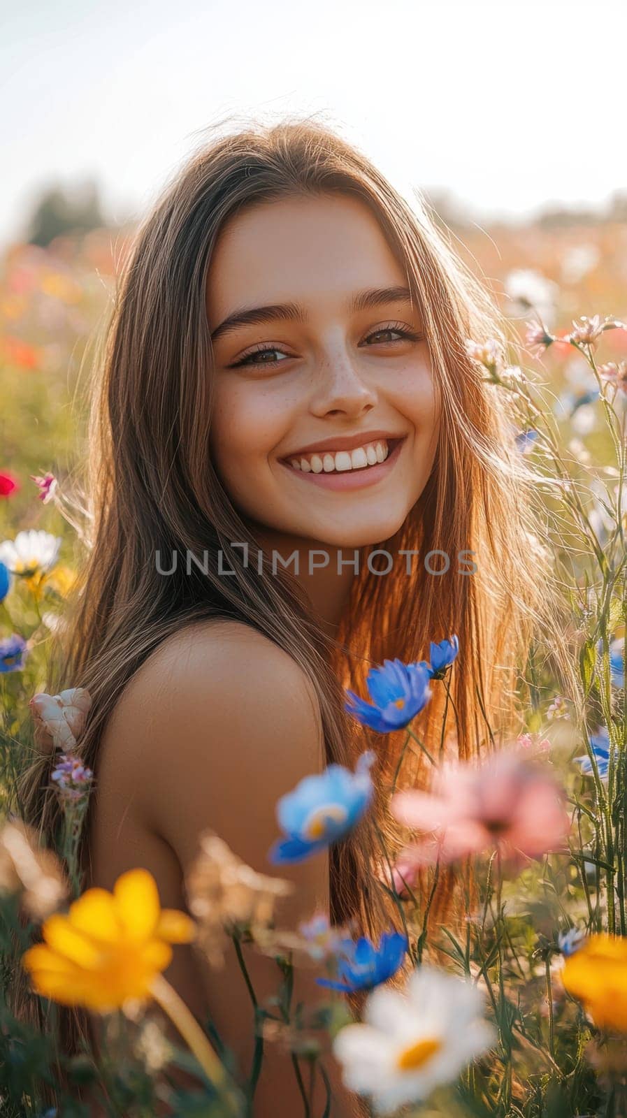 A positive, smiling girl sitting on a sunlit meadow . AI generative.
