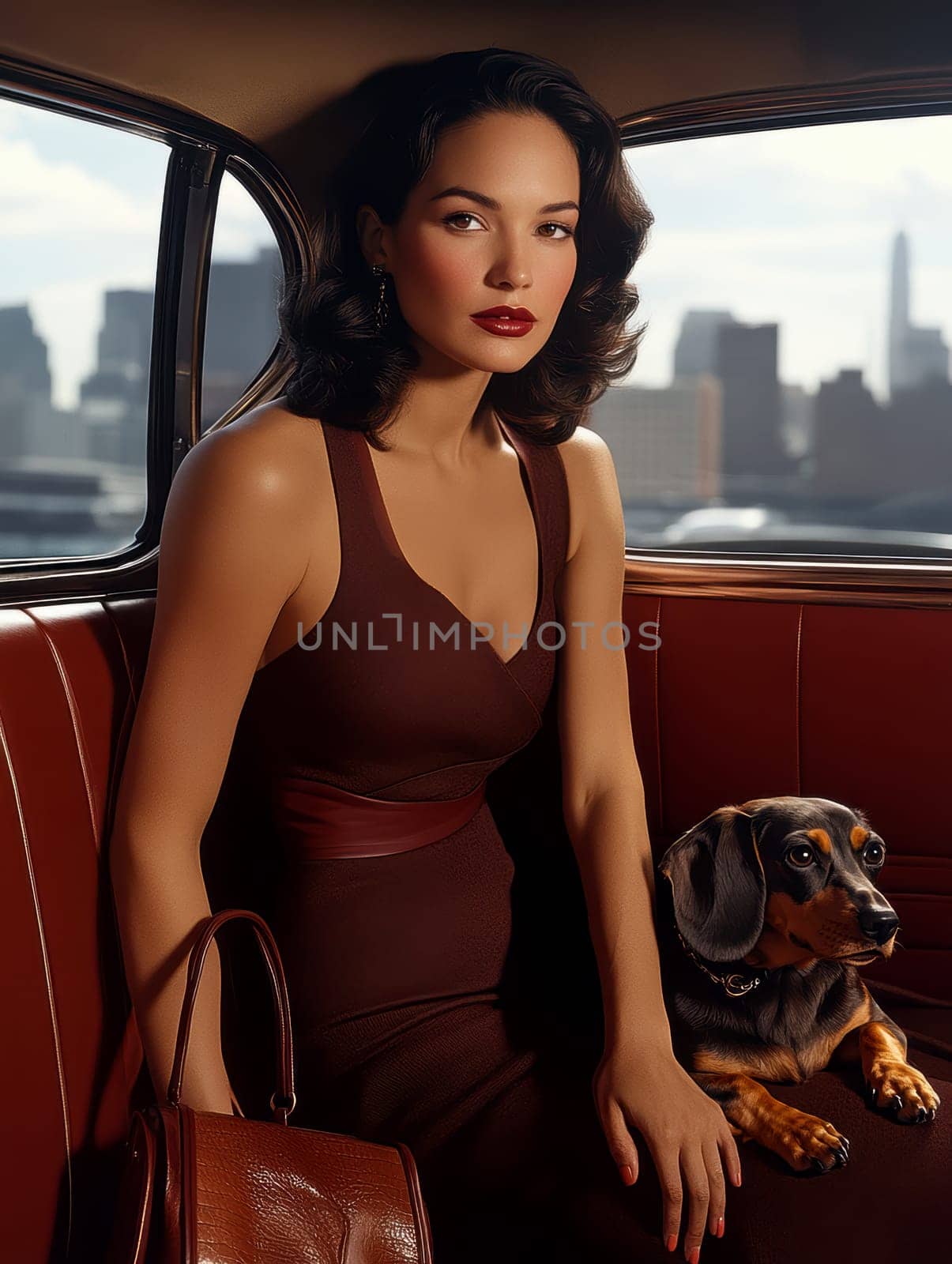 An elegant woman in the back seat of a luxury car, with  dachshund. AI generative.