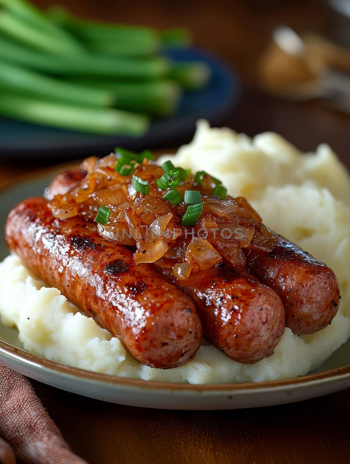 Traditional Polish dish, potatoes with baked kielbasa and onion sauce. AI generative.