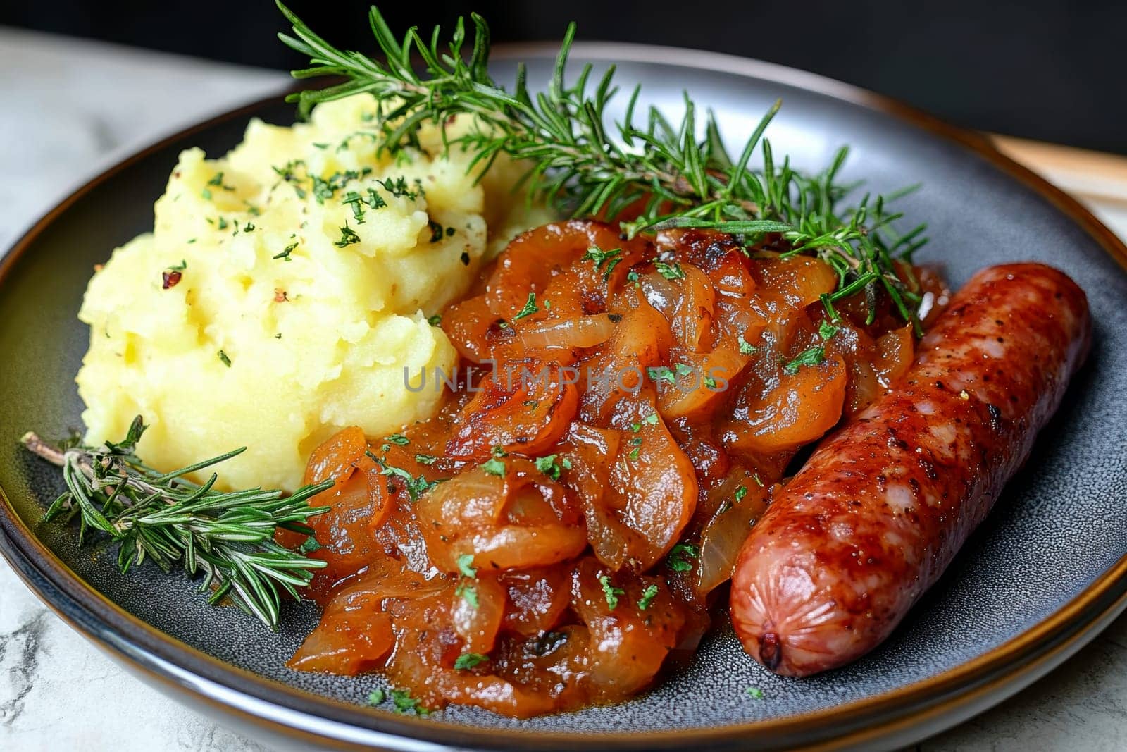 Traditional Polish dish, potatoes with baked kielbasa and onion sauce. AI generative.