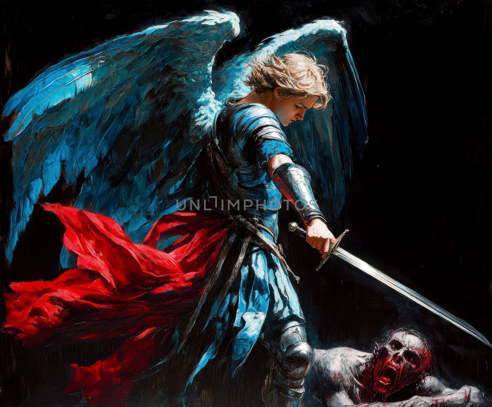 Archangel Michael in blue and red colors, with a sword drawn over a demon lying on a black background. AI generative.