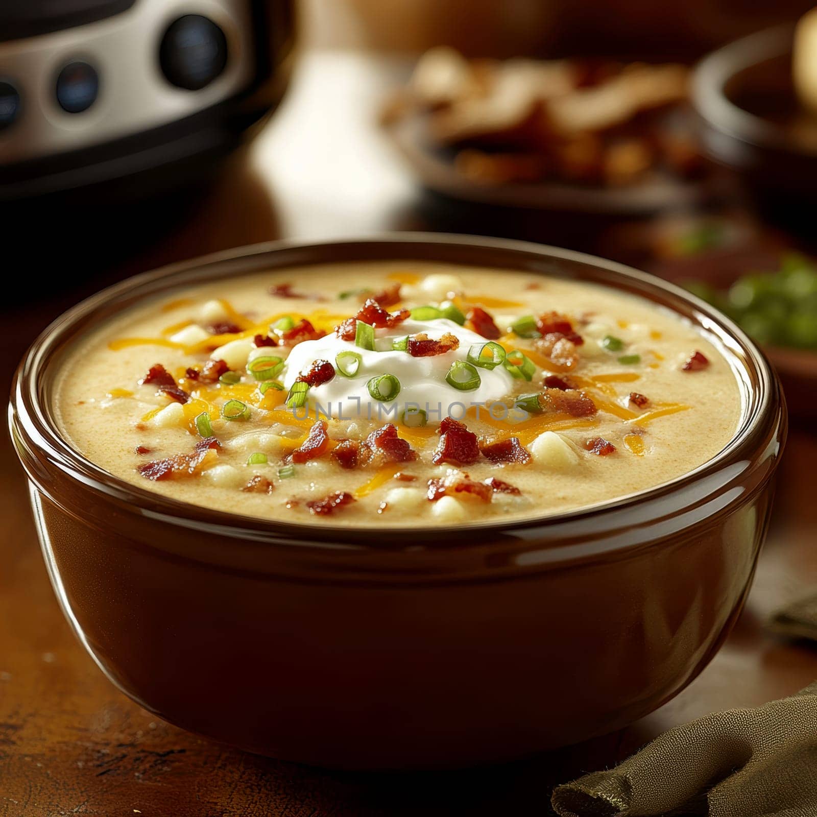 a creamy potato soup served in a large bowl. AI generative.