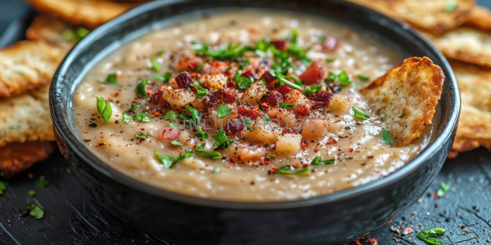 a creamy potato soup served in a large bowl. AI generative.