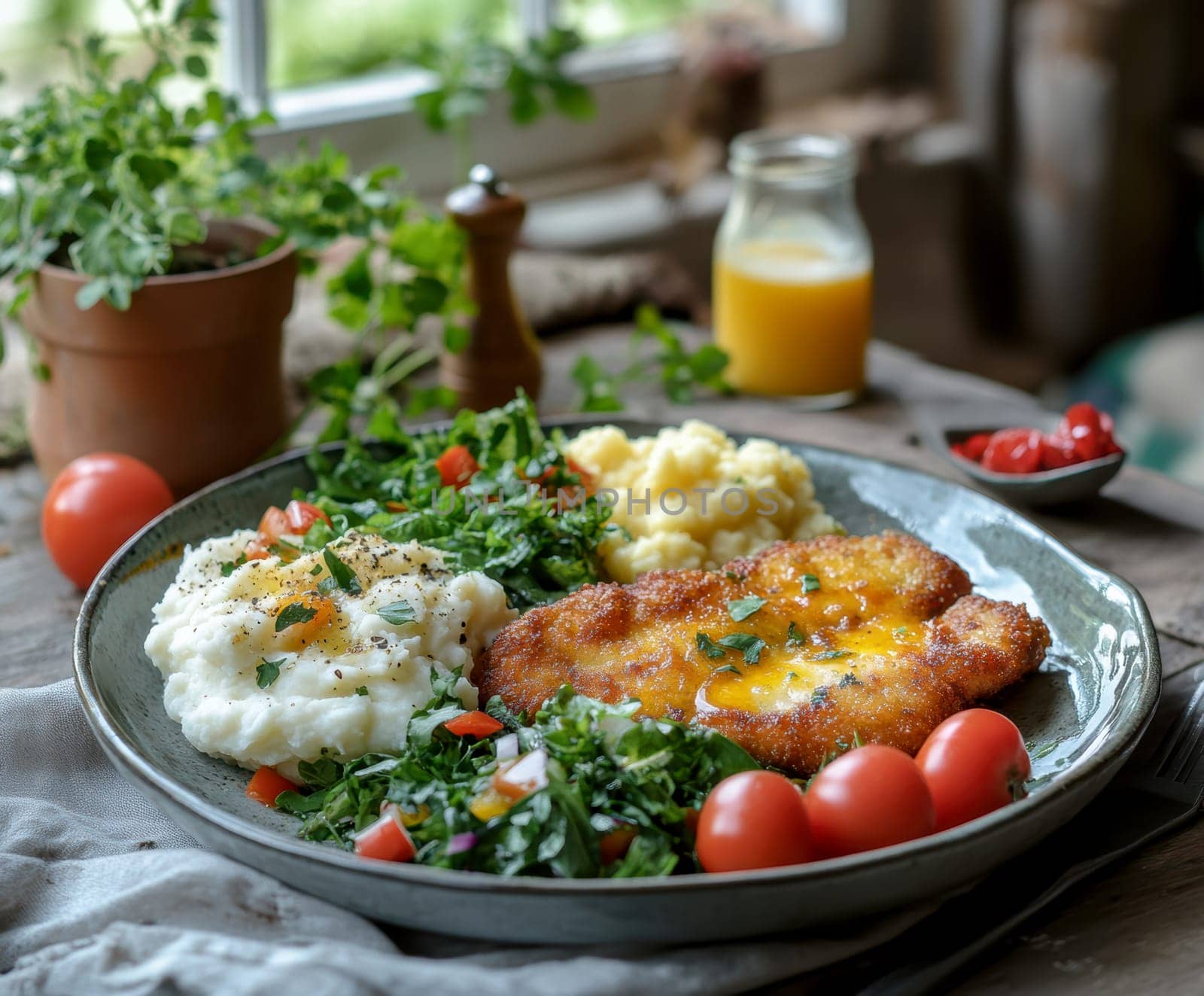 delicious homemade schnitzel on a plate, surrounded by fresh salad and a side of mashed potatoes. AI generative.