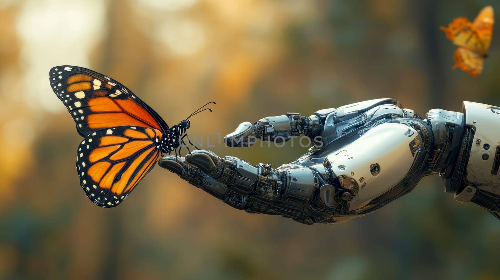 robot with butterfly resting on its finger. AI generative.