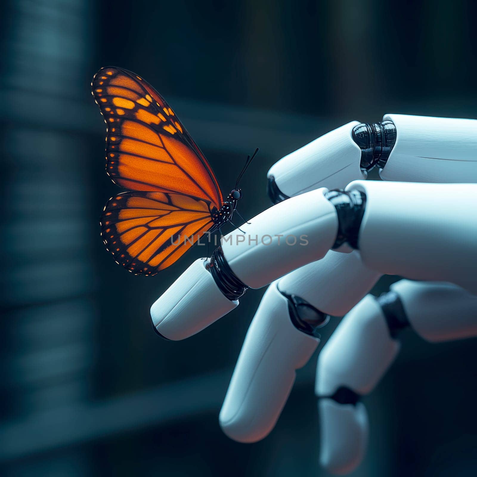robot with butterfly resting on its finger. AI generative.