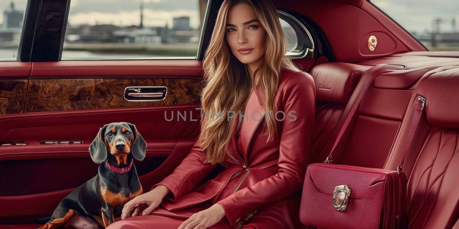 An elegant woman in the back seat of a luxury car, with  dachshund. AI generative.