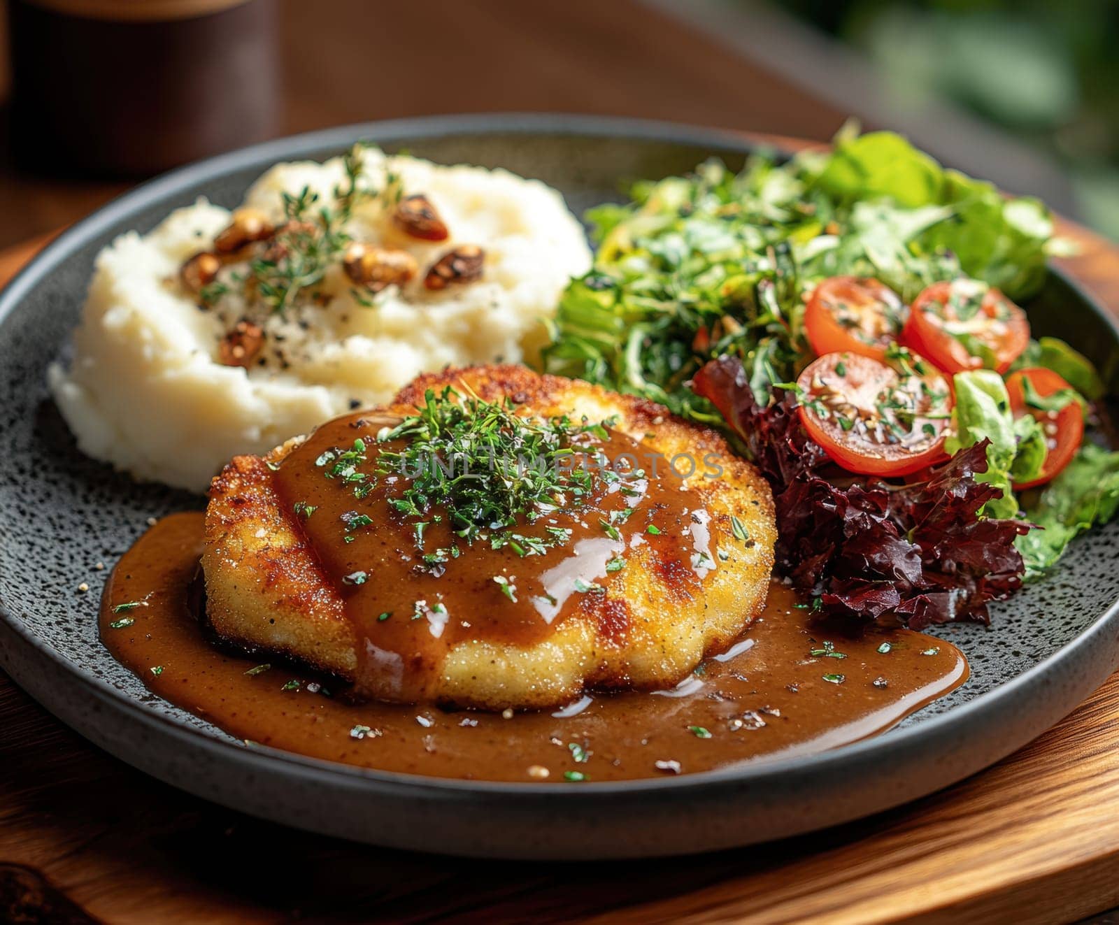 delicious homemade schnitzel on a plate, surrounded by fresh salad and a side of mashed potatoes. AI generative.