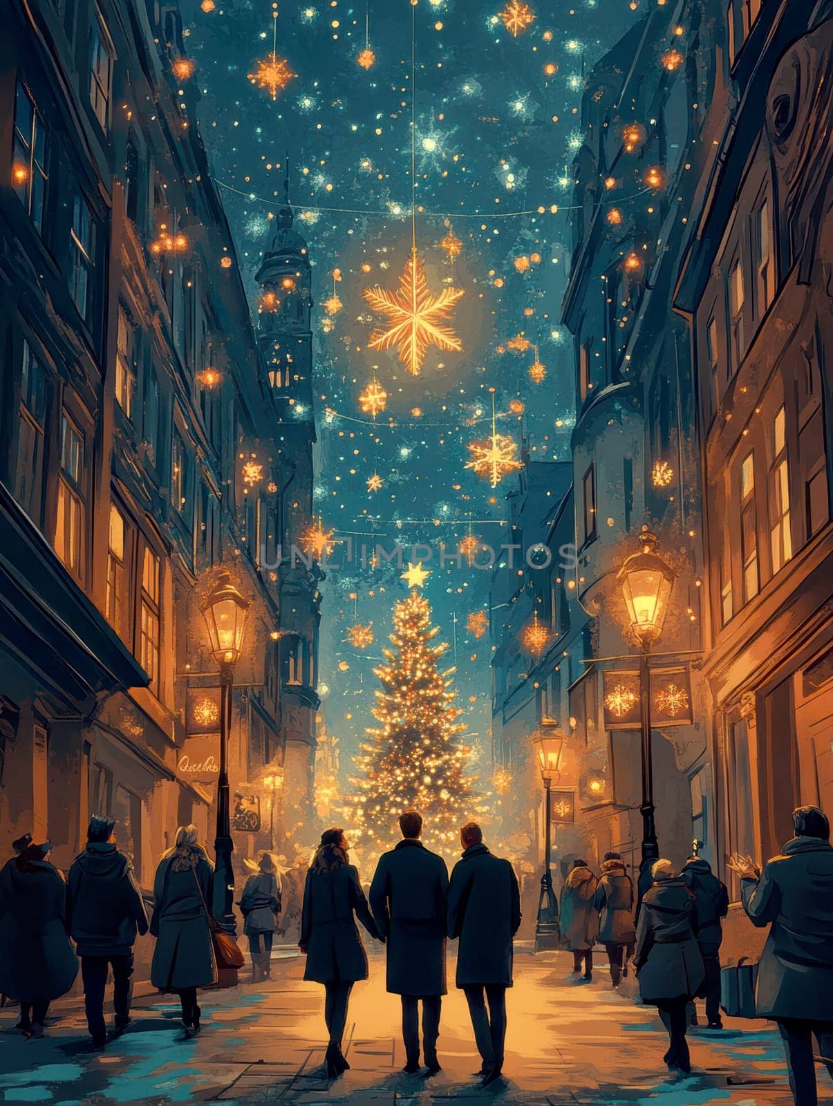 city on New Year's Eve, Christmas tree in the middle AI generative.
