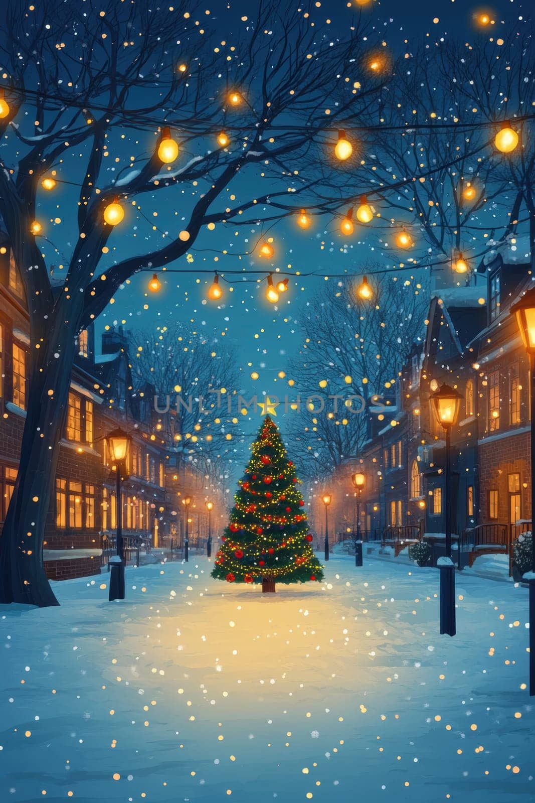 city on New Year's Eve, Christmas tree in the middle AI generative.