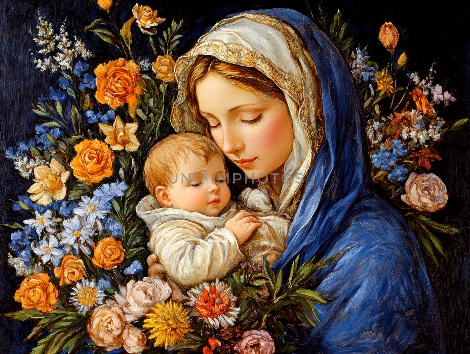 Mother of God with a baby. AI generative.