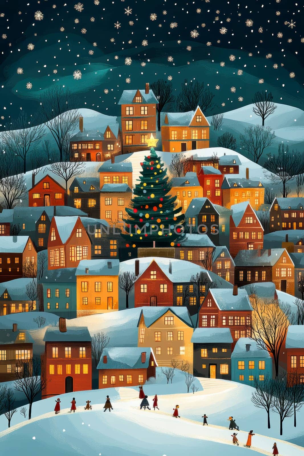 city on New Year's Eve, Christmas tree in the middle AI generative.