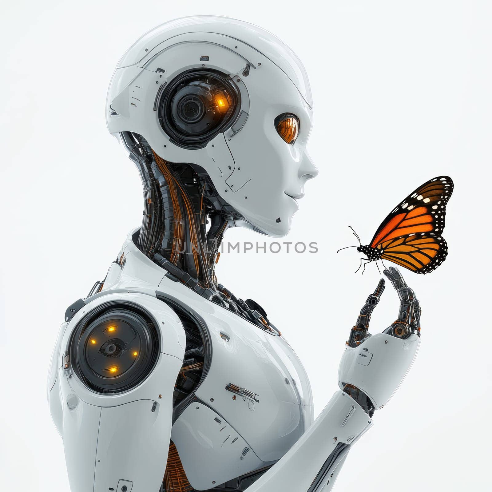 robot with butterfly resting on its finger. AI generative.