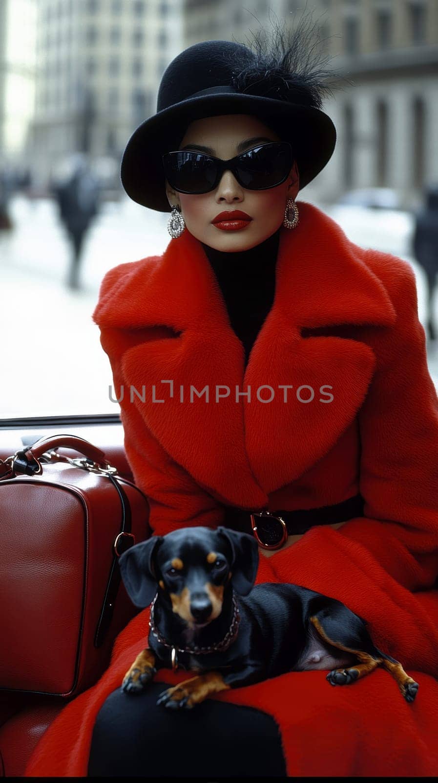 An elegant woman in the back seat of a luxury car, with  dachshund. AI generative.