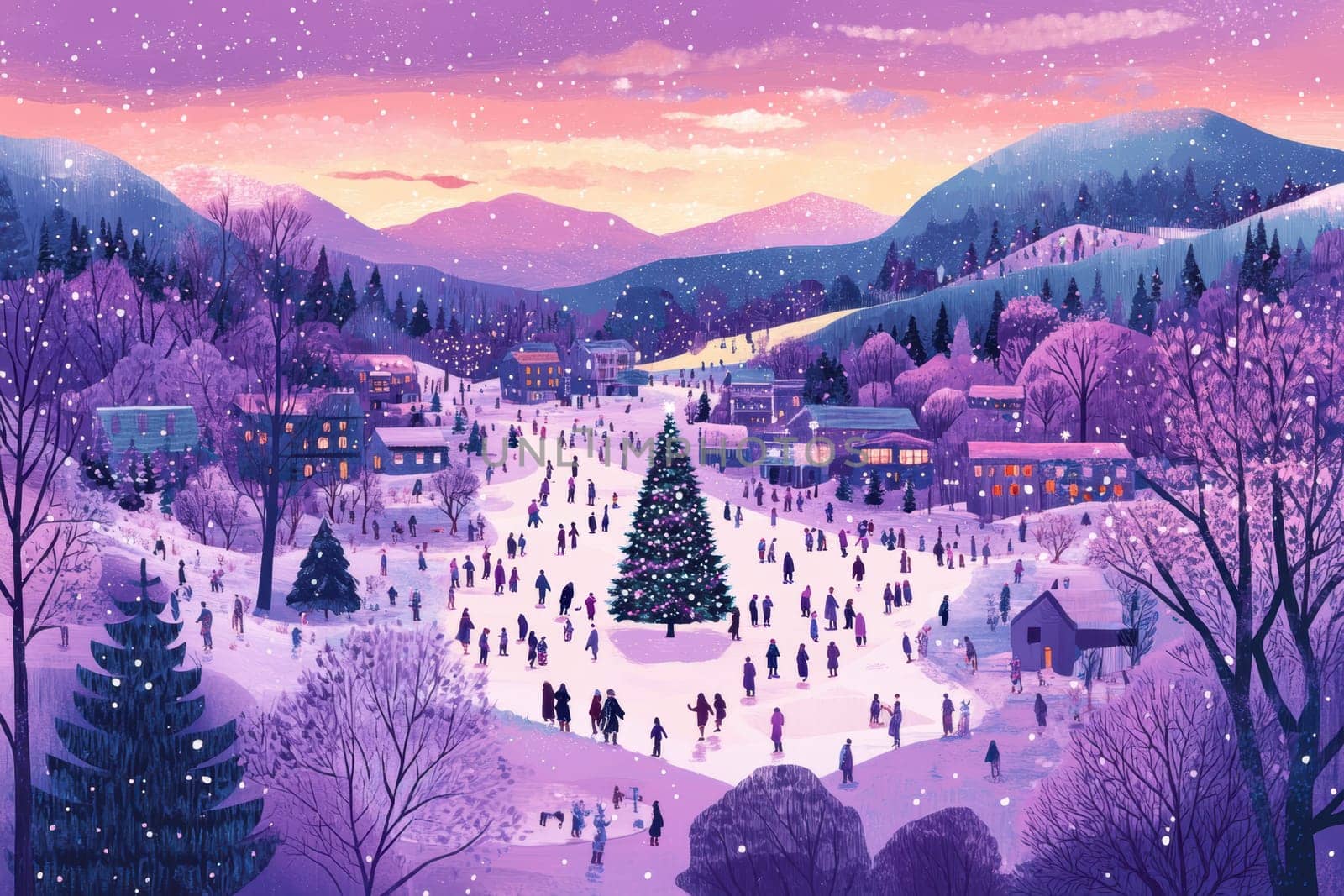 city on New Year's Eve, Christmas tree in the middle AI generative.