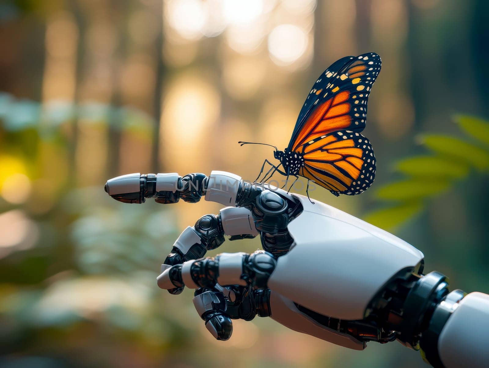 robot with butterfly resting on its finger. AI generative.