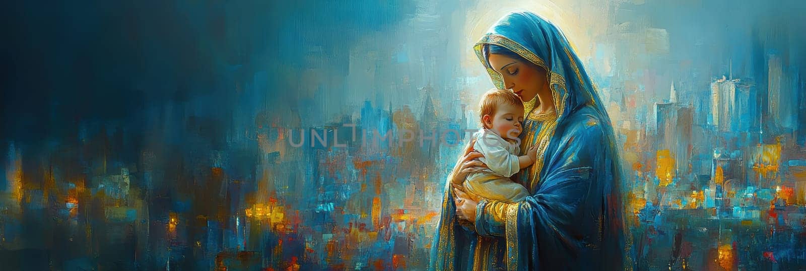 Mother of God with a baby. AI generative.