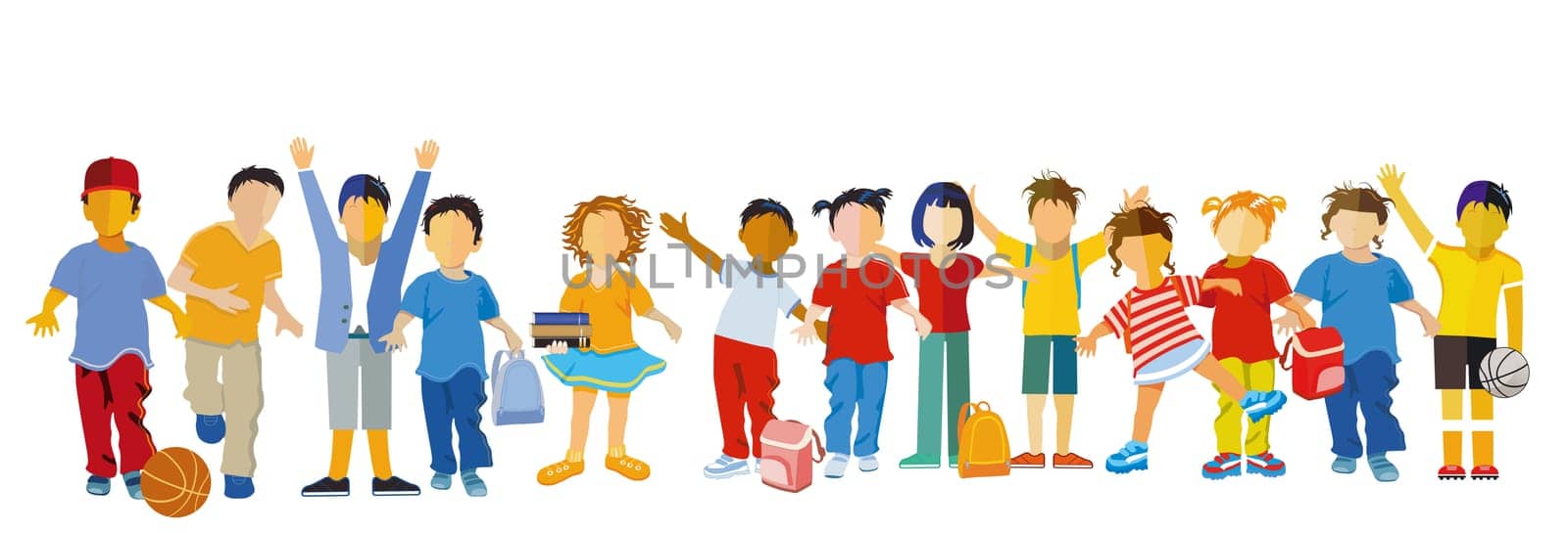A large group of children having fun together, isolated illustration