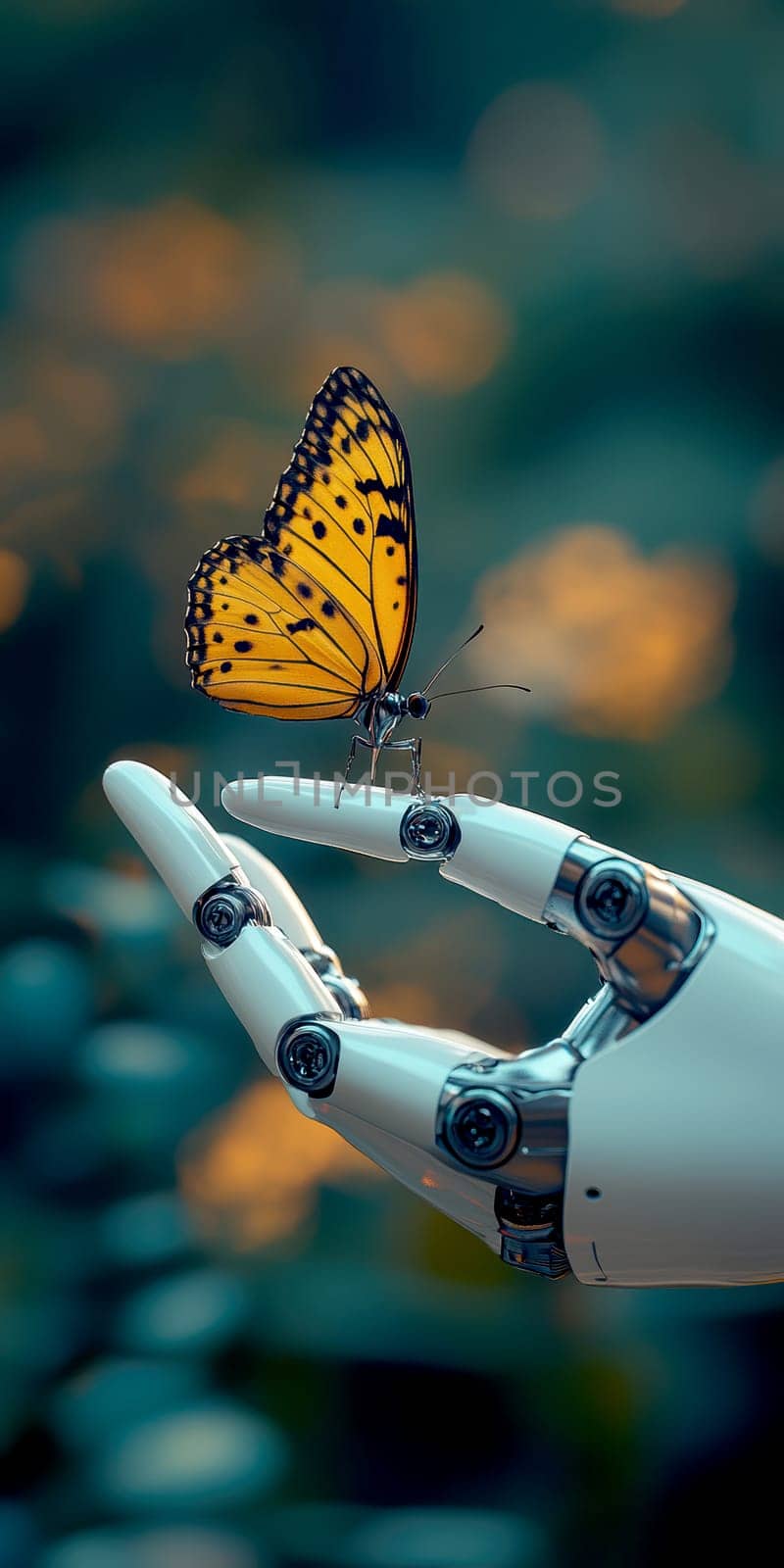 robot with butterfly resting on its finger. AI generative.