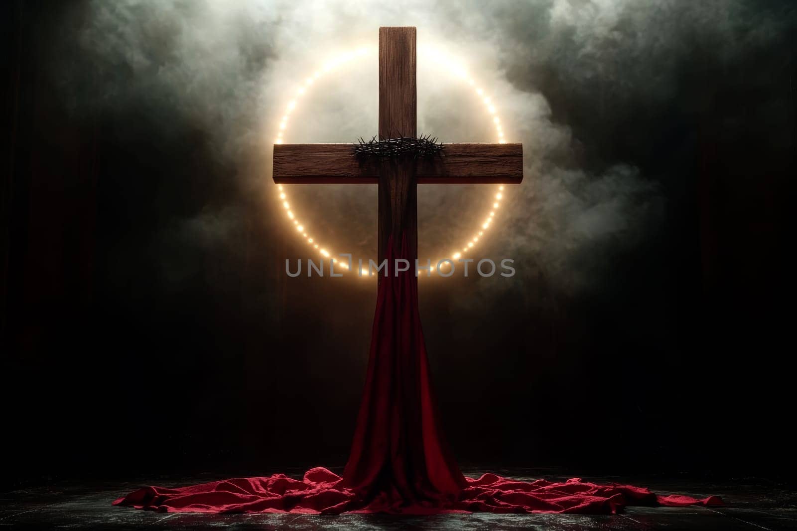Wooden cross with crown of thorns. AI generative.
