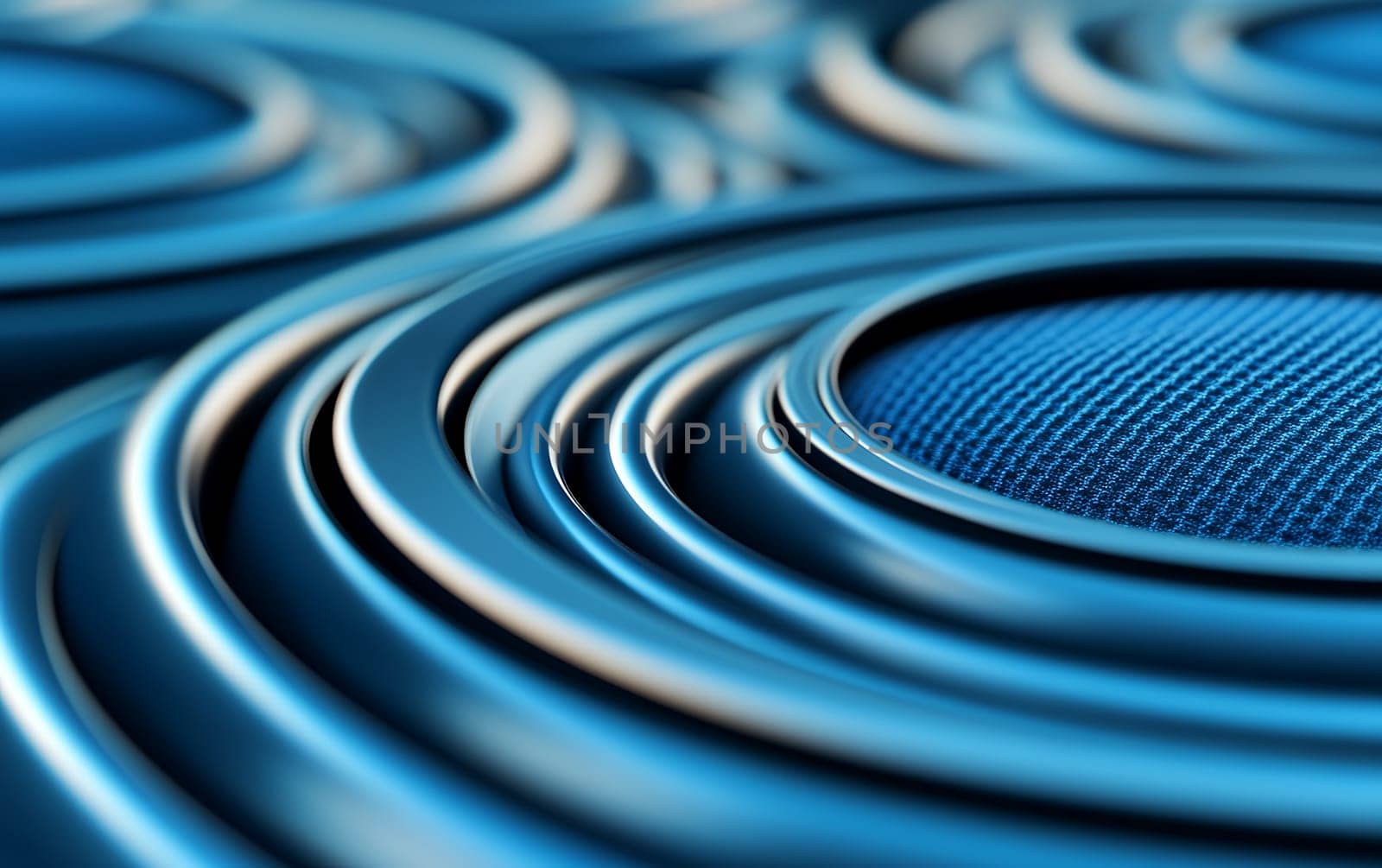 A close up of blue concentric circles with a metallic texture, creating a futuristic and modern design aesthetic.