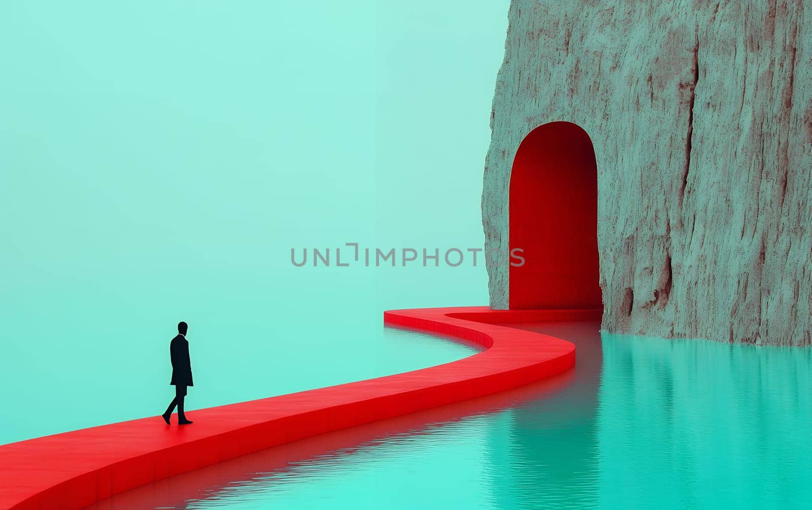 A lone figure walking on a surreal red pathway over calm water, leading into a cliffside archway.