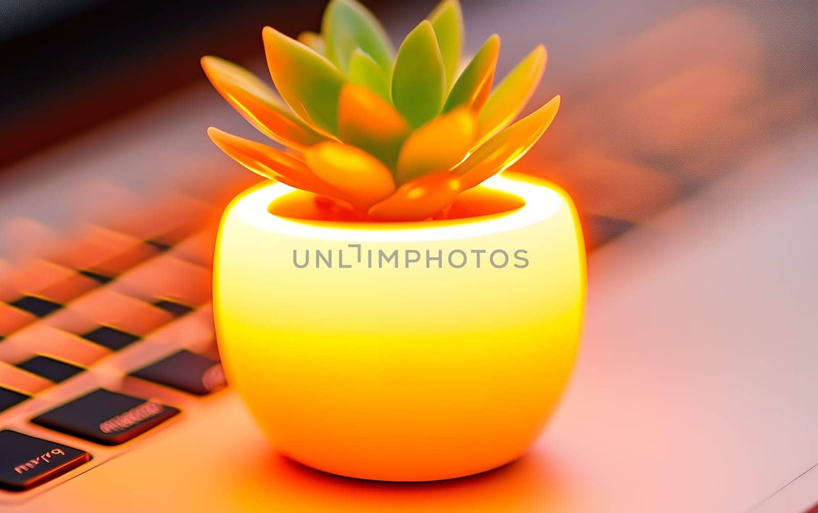 A small green succulent in a glowing yellow pot placed on a laptop keyboard, emphasizing creativity and simplicity.