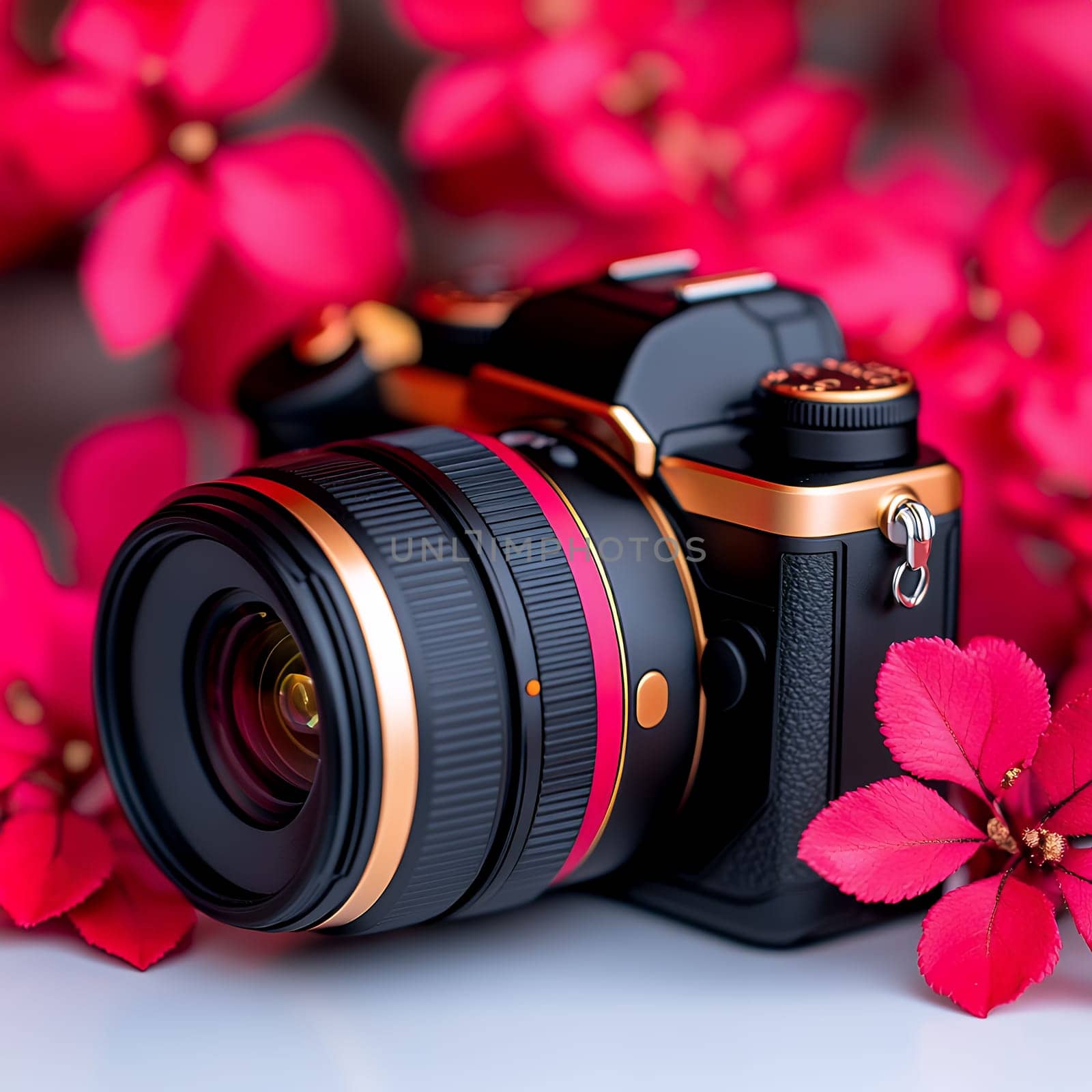 Professional digital camera with lens surrounded by vibrant pink flowers, artistic photography equipment still life composition.