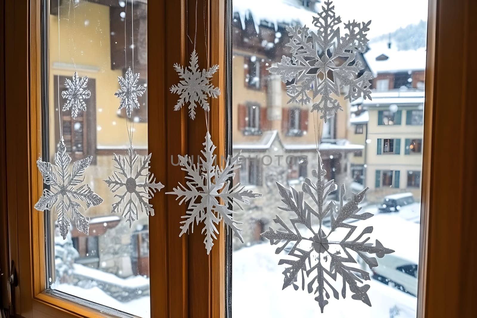 Delicate snowflakes hang gracefully in a warm window, providing a festive touch to a charming village setting blanketed in fresh snow. The spirit of Christmas is evident in this tranquil scene.