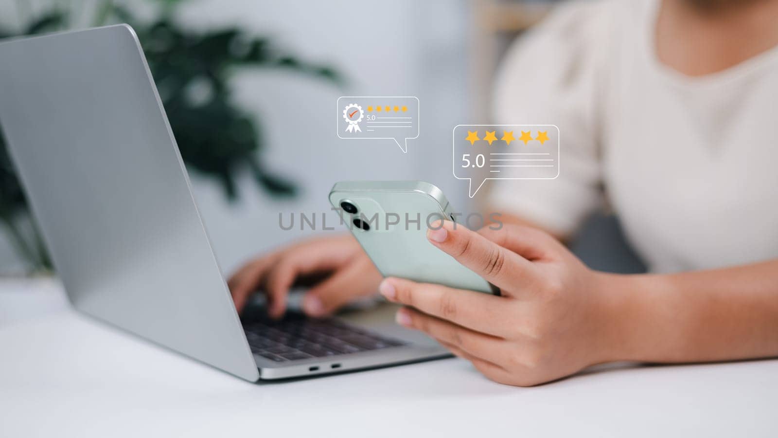 Woman holding smartphone ask customers about their service experience and Rating for a satisfaction survey, Evaluation of product service quality by customers, Positive customer feedback.