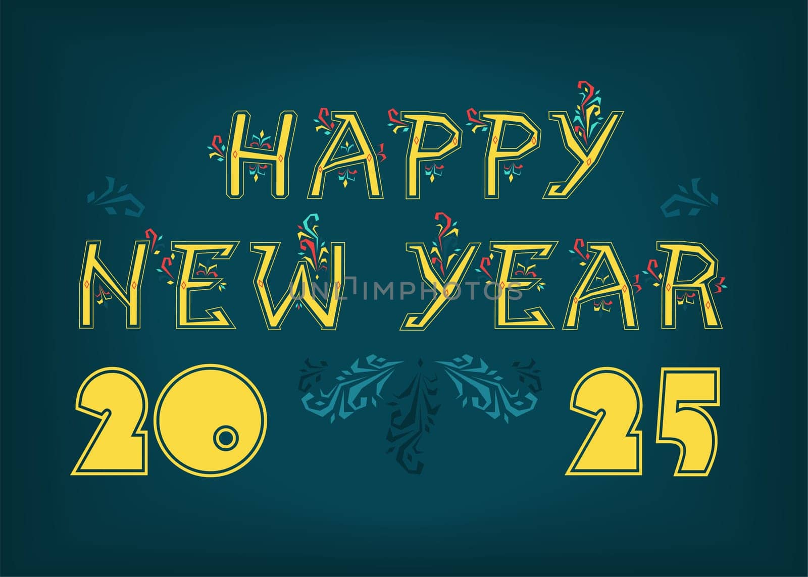 Embrace the warmth of tradition with a folk-inspired Happy New Year 2025 in vibrant yellow. Geometric and floral decor adorn the letters and numbers against a deep blue backdrop. Celebrate with folk art