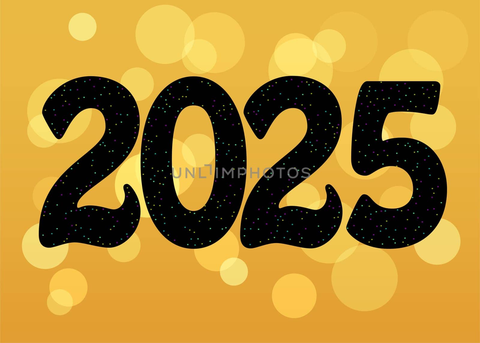 Get ready for the new year with this vibrant and artistic card featuring a bold black number 2025. The number is adorned with a bright spray decor, adding a touch of excitement to your celebrations. Cheerful yellow background with blurs of light.