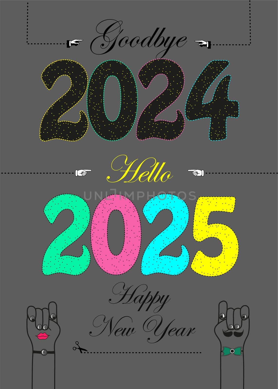 Retro Greeting Card: Say goodbye to 2024 and welcome 2025 with open arms. This charming illustration features colorful numbers and playful cartoon hands, capturing the spirit of the New Year