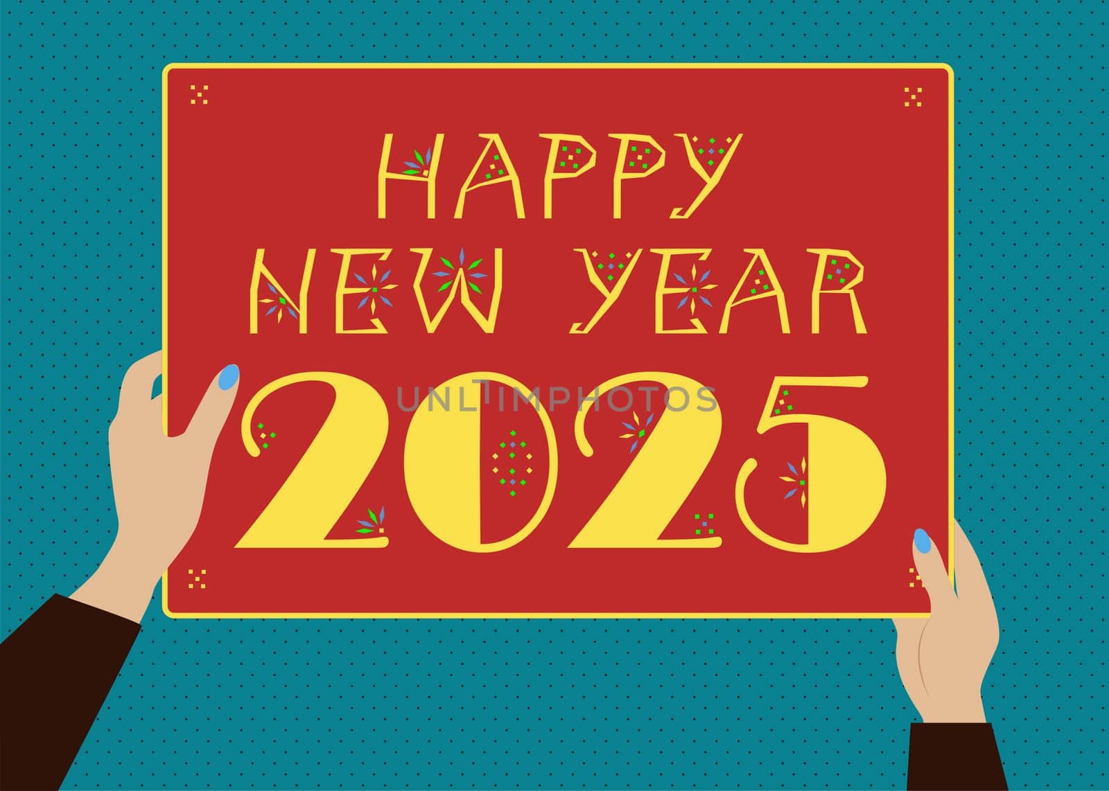 60s Retro New Year Greeting - Vibrant Happy New Year 2025 card. Two hands, complete with blue manicured nails, clutching a vivid poster. The poster boasts yellow letters and numbers adorned with geometric decorations,  striking red background.