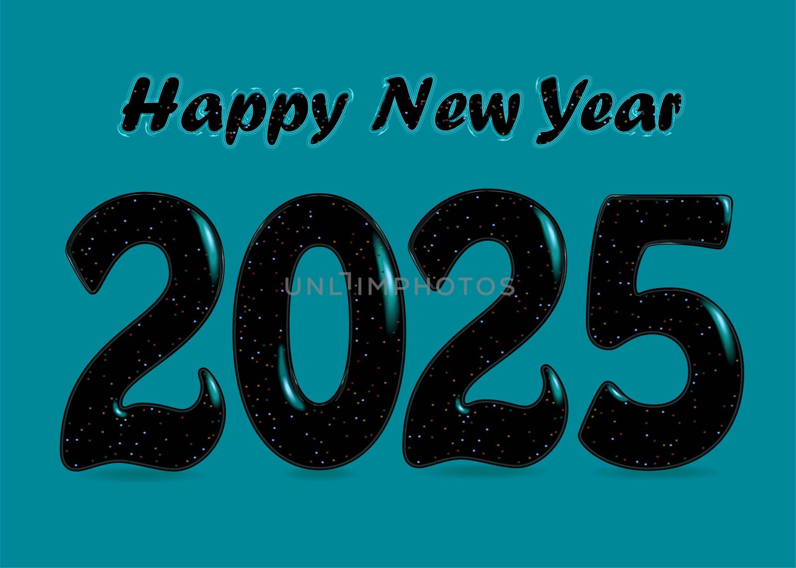Gothic Elegance: Happy New Year 2025. Bold black numbers and letters adorned with enchanting blurs and sparks. Set against a blue green background.