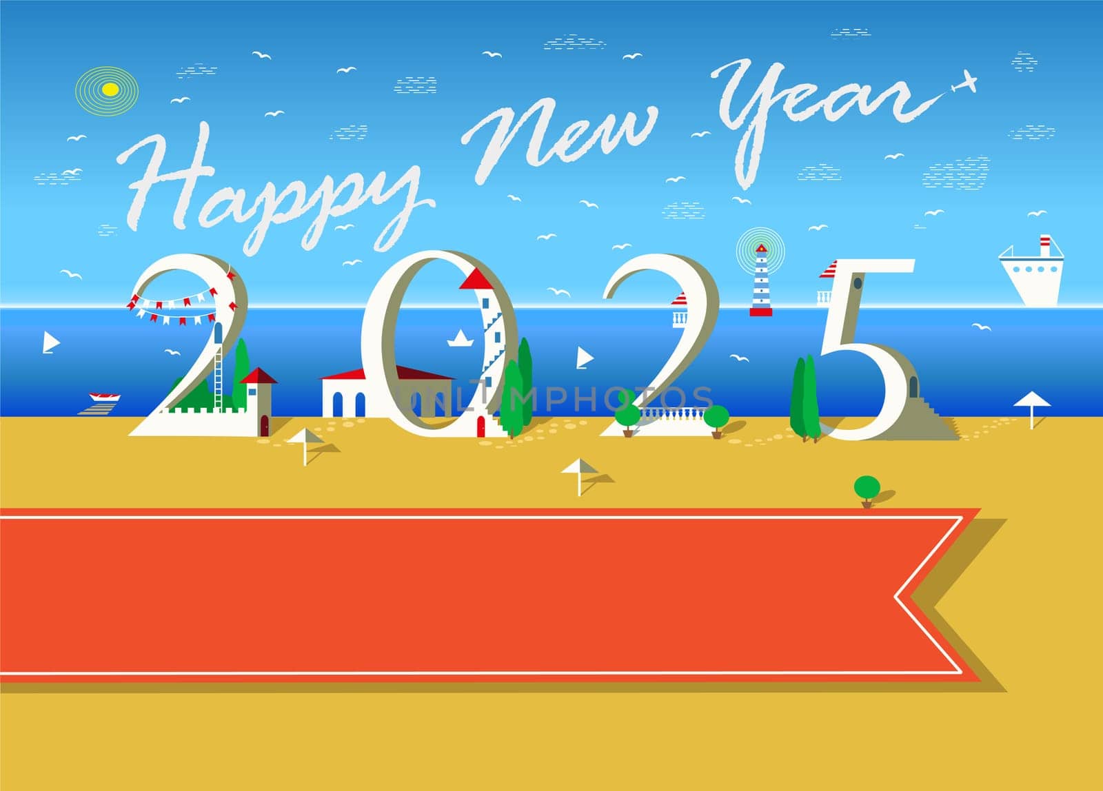 Coastal Celebration: Happy New Year 2025 at the Beach. White text are in the sky as plane trail. The numbers appear as charming beachfront houses. A serene seascape forms the backdrop, and there's an inviting orange banner for custom text