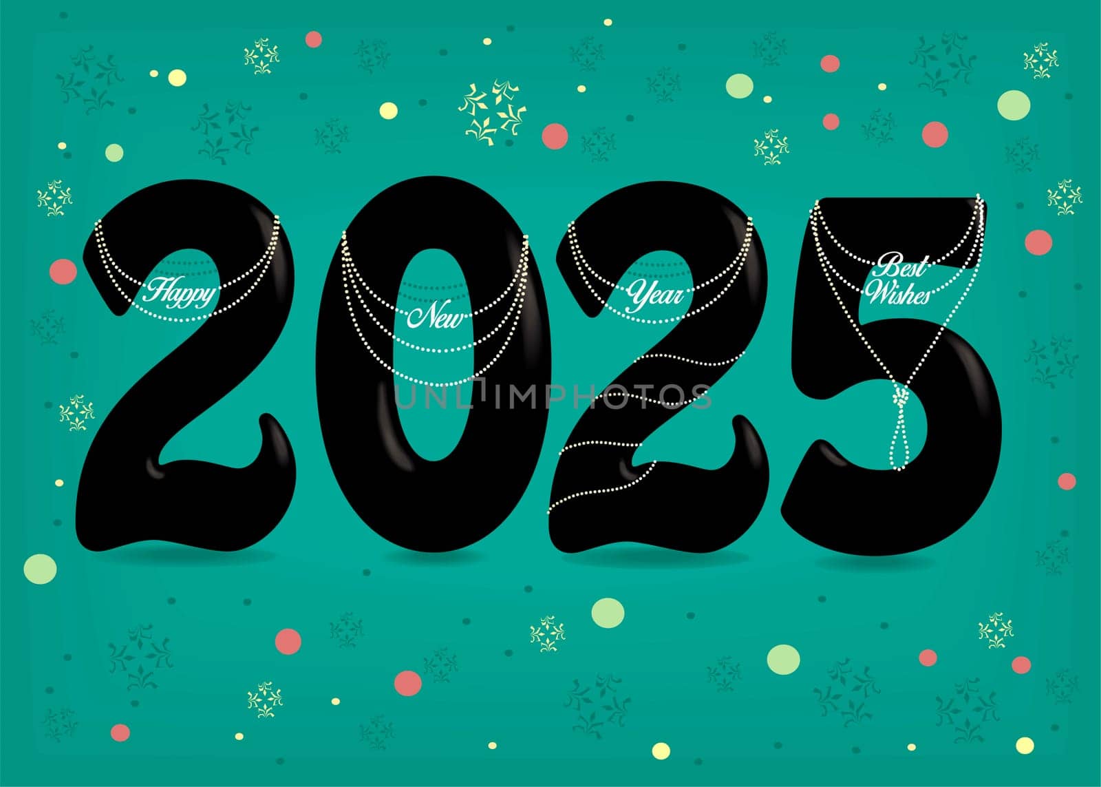 A sleek black number 2025 adorned with white pearl collars and pendant-like texts conveying Happy New Year and Best Wishes. Against a vibrant green backdrop, it's a celebration marked by a shower of colorful confetti