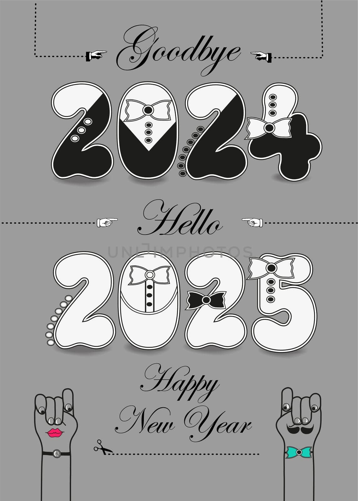 Vintage New Year Card 2025. Artistic numbers dressed in tuxedos, ties, and buttons. Black text and scissors. Cartoon hands depicting a gentleman and a lady. Gray background. Goodbye 2024 and Hello 2025 text
