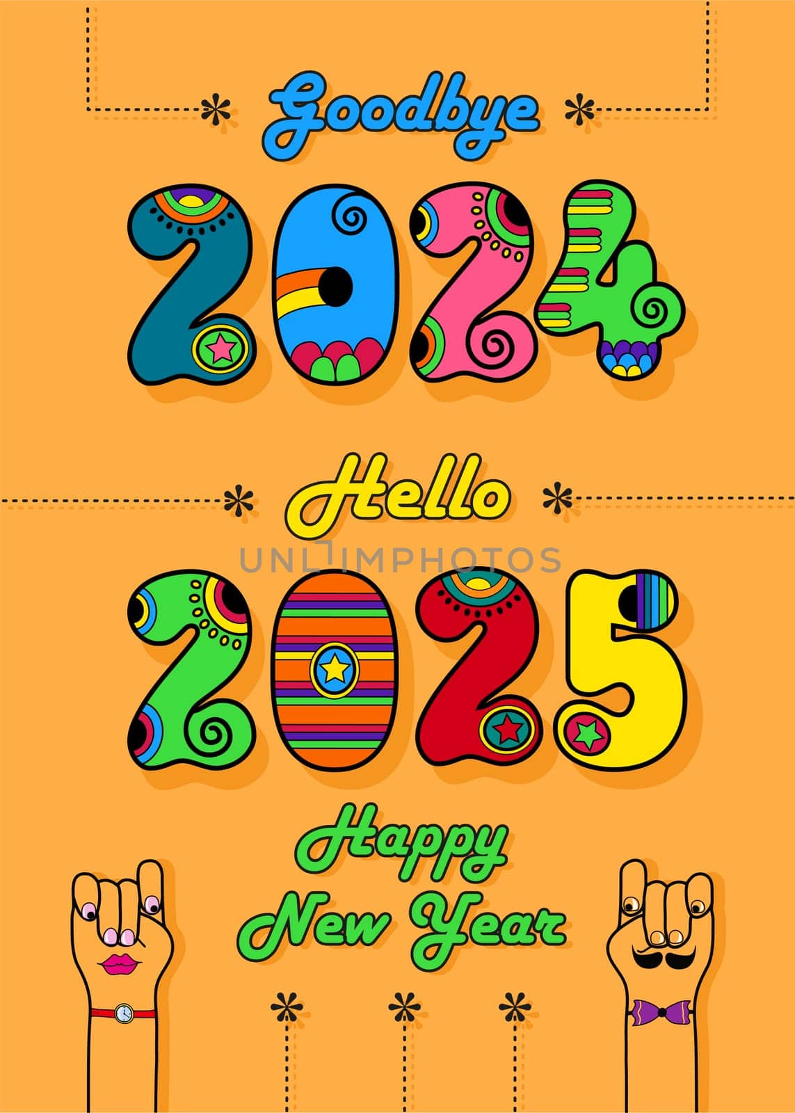 Disco New Year 2025 Greeting Card. Goodbye 2024, hello 2025. Letters are in vibrant disco style, featuring colorful numbers adorned with bright decor. Cartoon hands, one male and one female, share a playful glance.