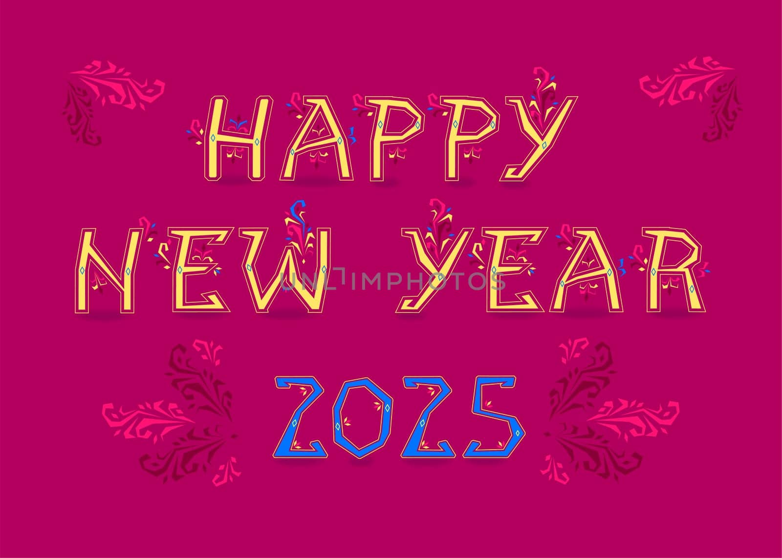 Folk New Year 2025. Artistic font with folk-inspired decor. Vibrant red background. Bold yellow letters, adorned with intricate geometric patterns, spell out the message of good cheer. The blue number 2025 stands out as the centerpiece