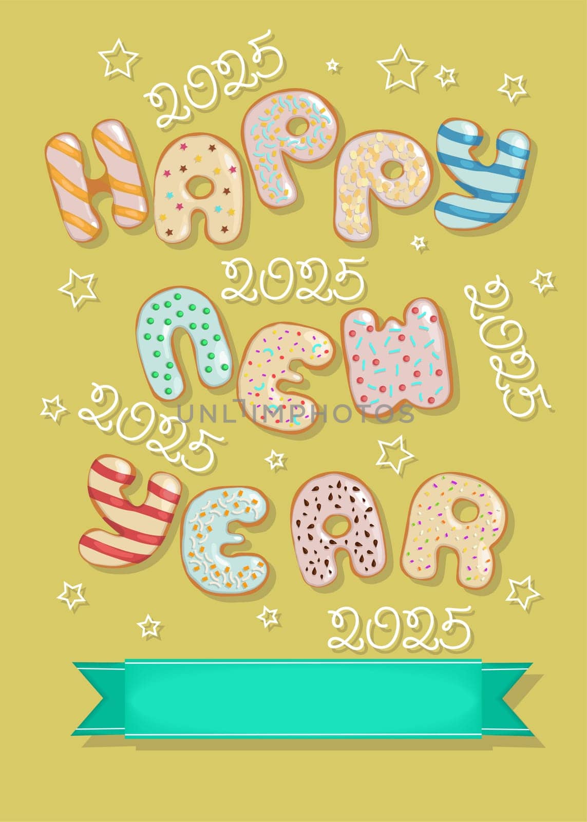 Sweet Donut Letters Wish Happy New Year 2025. Delicious Greeting Card with Yellow Background, Creamy Stars and Numbers 2025, and Custom Text Green Banner