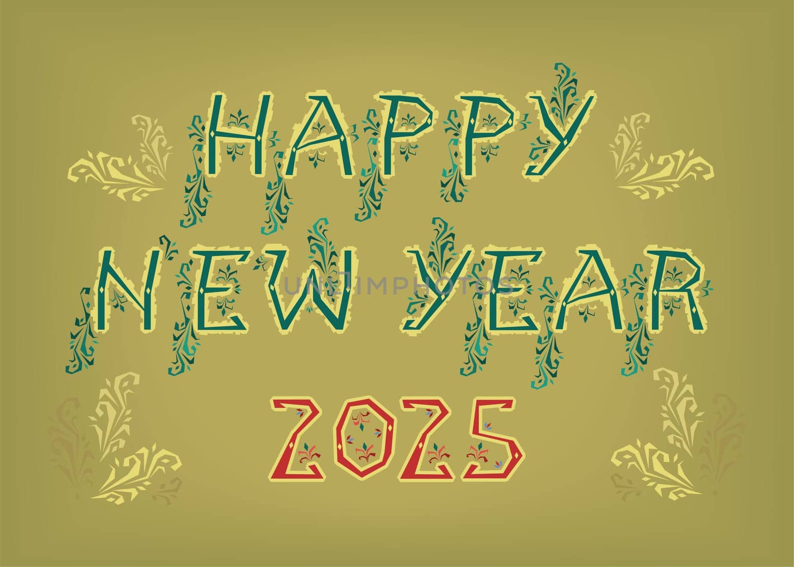 Folk Art New Year 2025. Greeting Card. Vintage Happy New Year 2025. Its artistic green letters and bold red number are embellished with charming folk botanical decor.