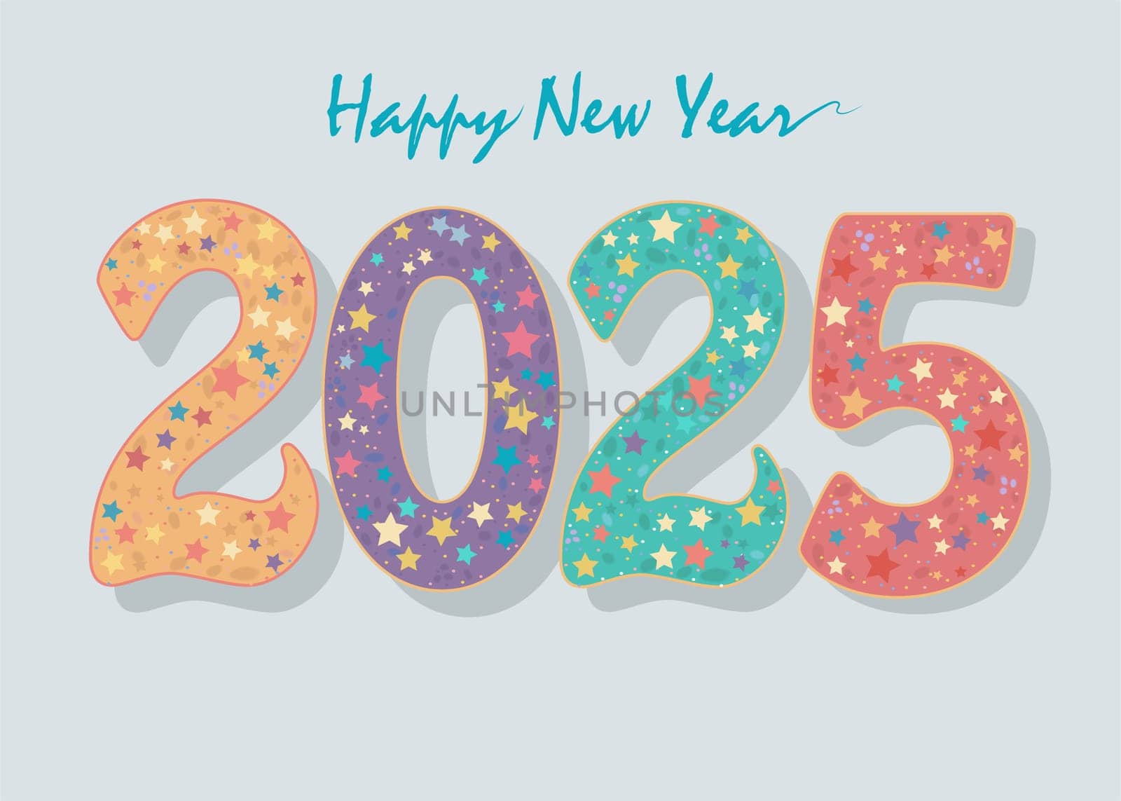 Vibrant New Year 2025: A lively illustration featuring colorful numbers adorned with equally vibrant stars
