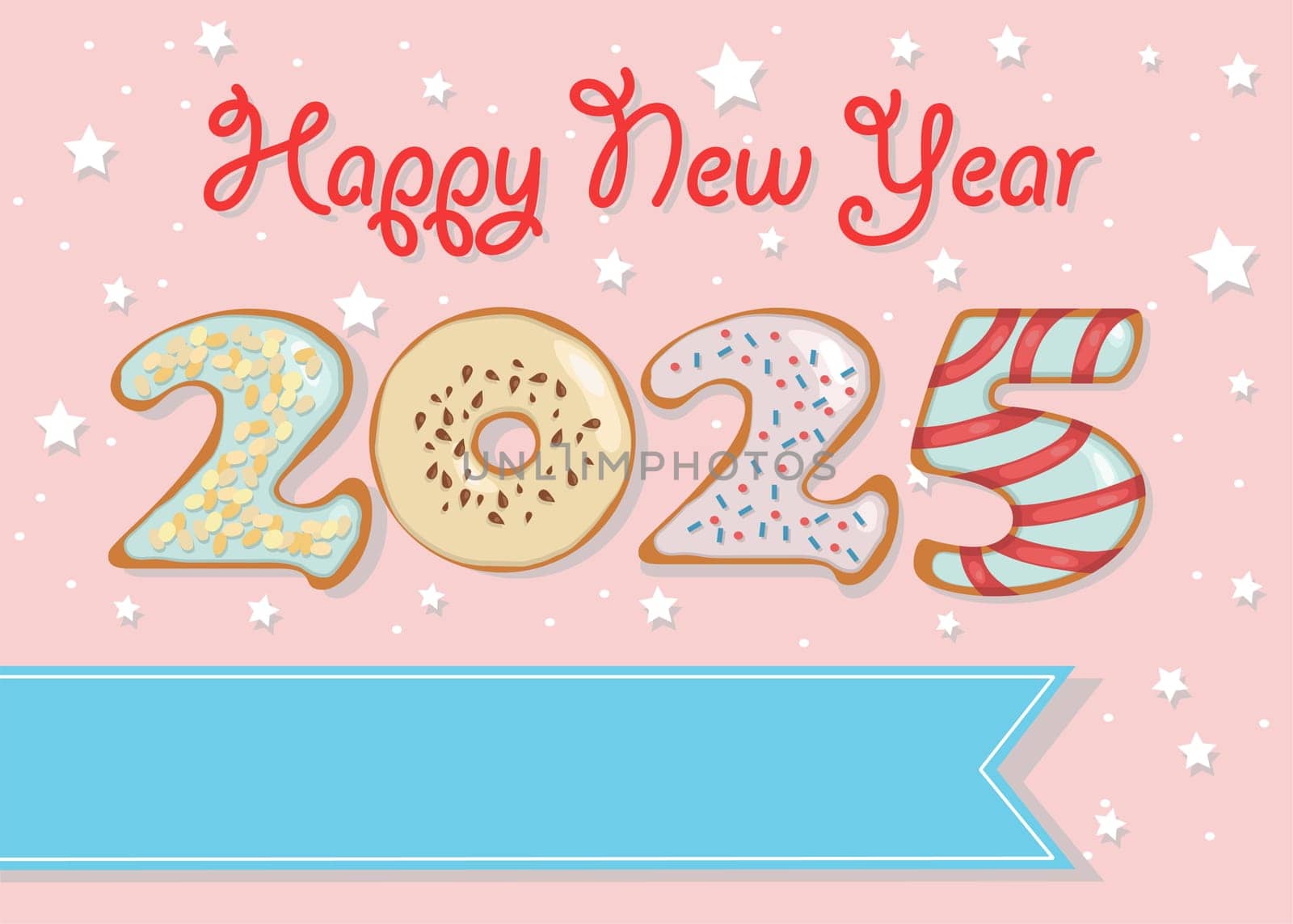 Delightful Donuts New Year Greeting. The numbers are made by sweet donuts adorned with creamy swirls and nutty decorations. Background with confetti. There are a banner allows for custom text and a red cream text Happy New Year