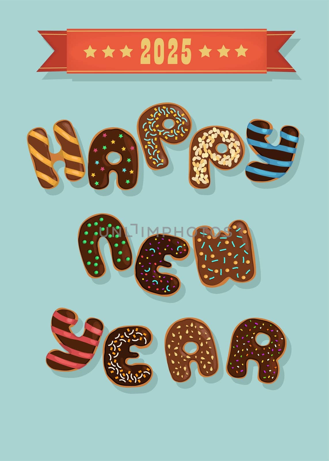 Chocolate New Year Delight. The text Happy New Year is made by delightful chocolate donuts adorned with creamy swirls and nutty decorations. Blue background, a red banner with 2025