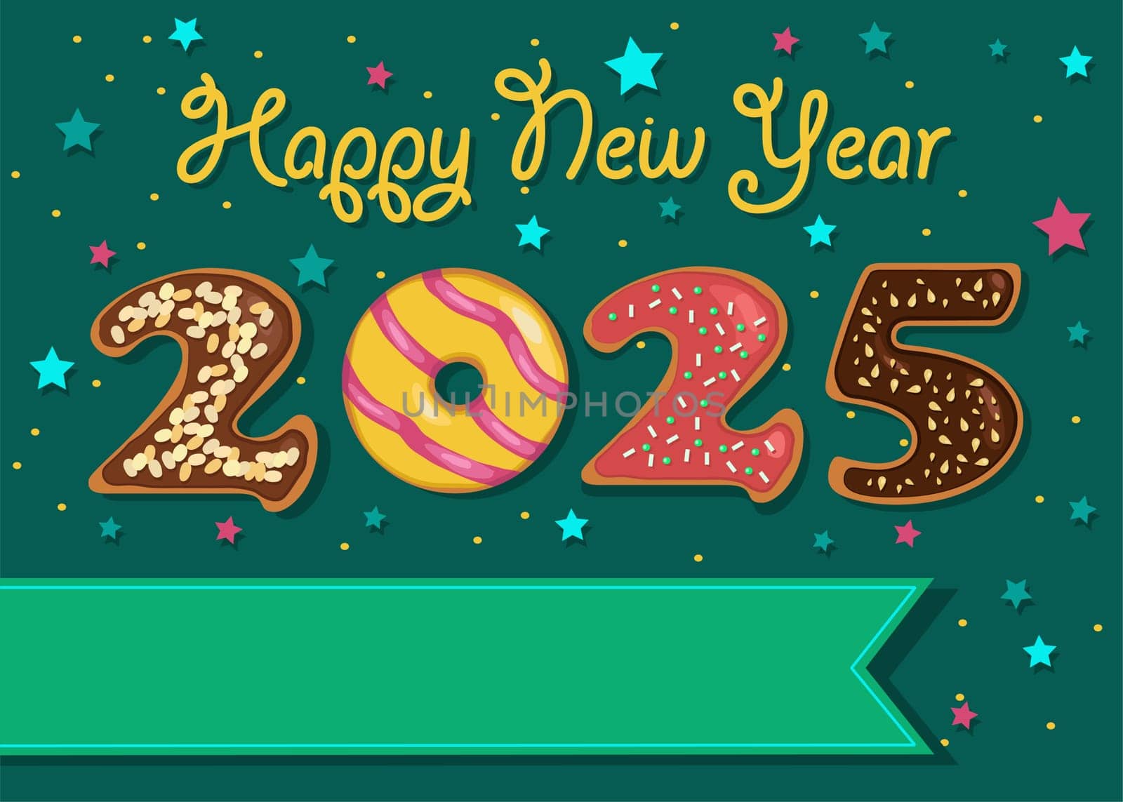 The number 2025 is made up of donuts with cream and nuts decor. The background is dark green with confetti of stars. The banner is perfect for custom text, such as a company logo or a personal message.