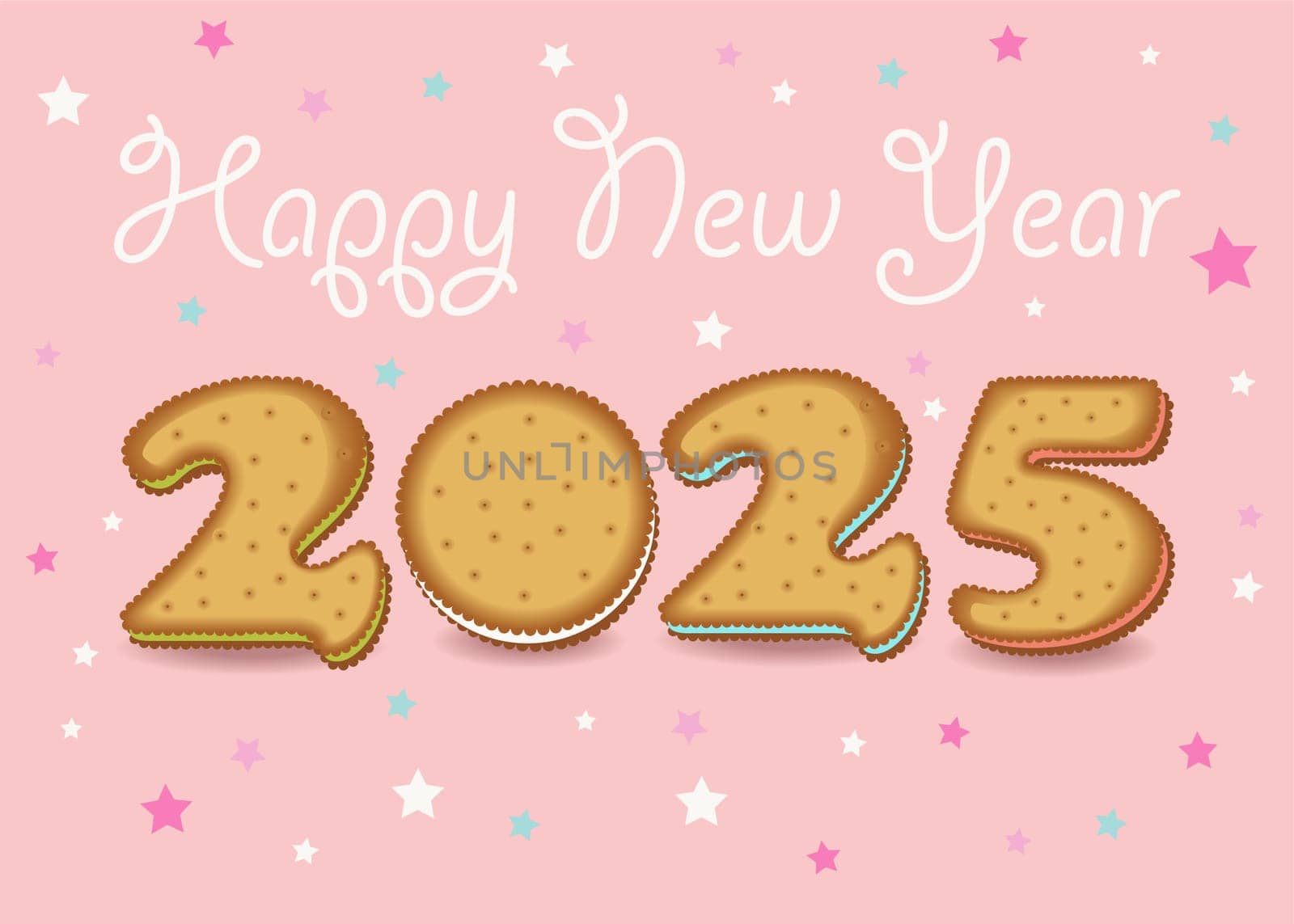 Happy New Year 2025 Cream-Filled Cookie Number. A festive illustration of a cream-filled cookie number 2025 on a pink background with stars and white cream inscription. Perfect for New Year's greetings, cards, and other designs.