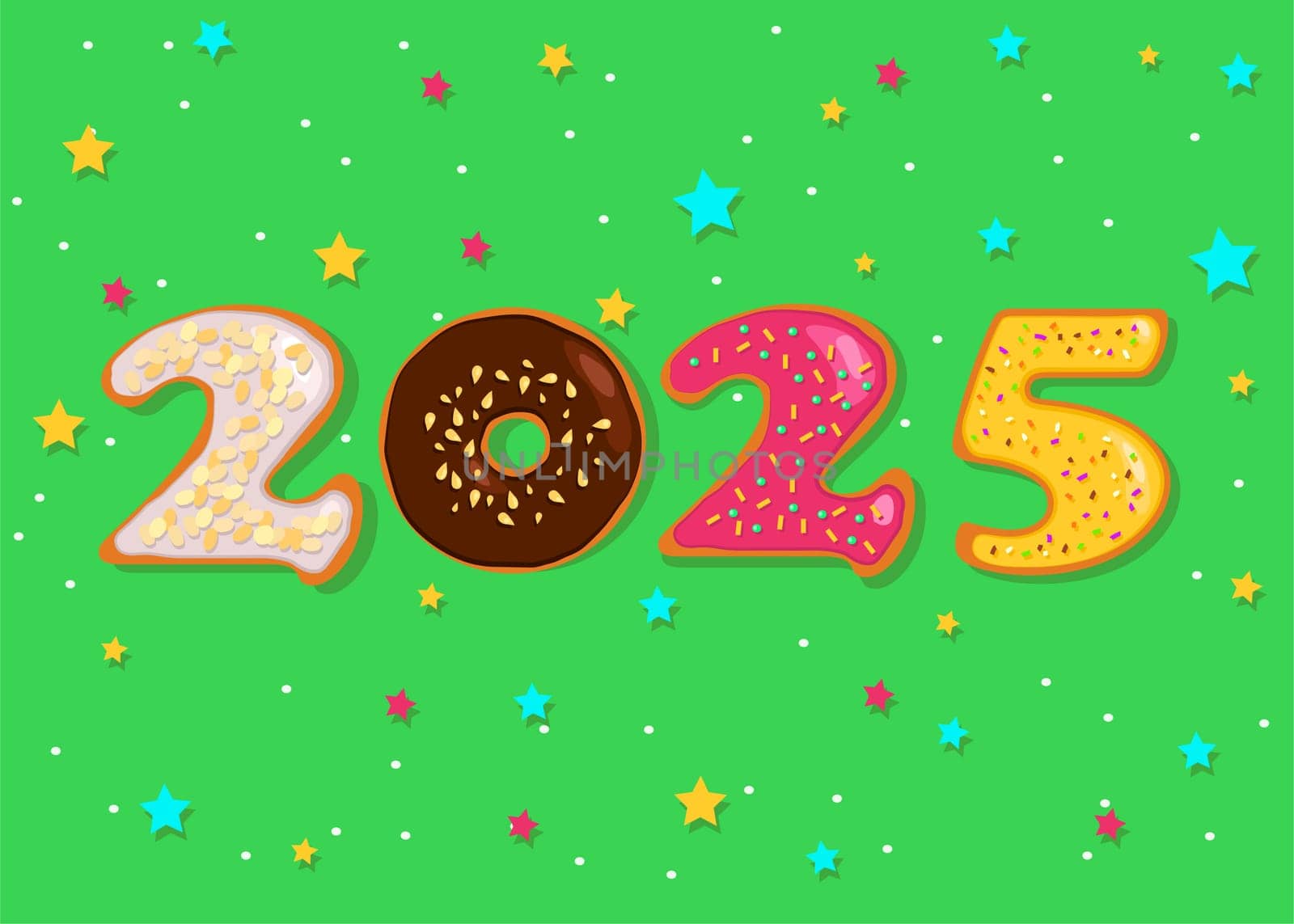 A festive illustration of a colorful number 2025 made of sweet donuts with cream and nuts decor on a green background with confetti of stars. This illustration is perfect for New Year's greetings, cards, and other designs.