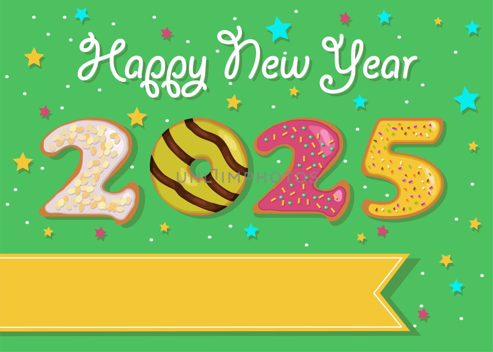 A festive illustration of a colorful number 2025 made of sweet donuts with cream and nuts decor on a green background with confetti. A yellow banner with the place for custom text. It is perfect for New Year's greetings