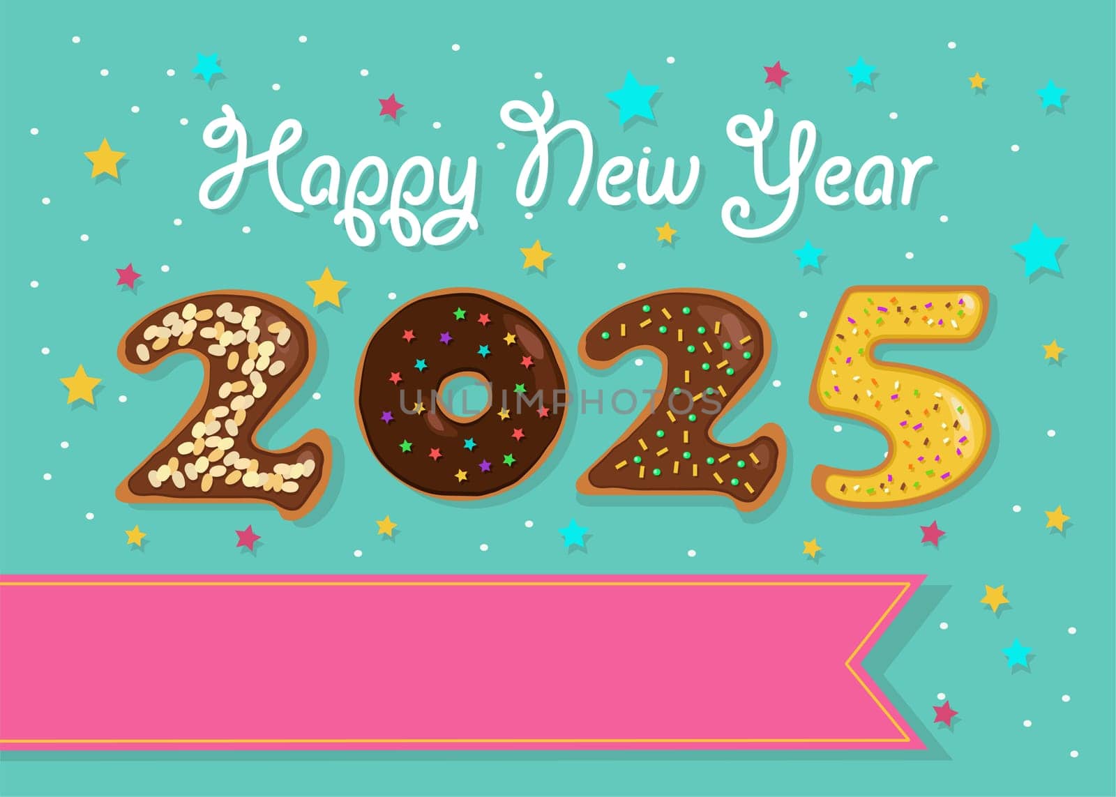 A festive illustration of a colorful number 2025 made of sweet donuts with cream and nuts decor on a green background with stars and confetti. There is a white cream text Happy New Year and pink banner for custom text.
